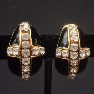 Vintage 80s B&W High End Rhinestone Cross Earrings